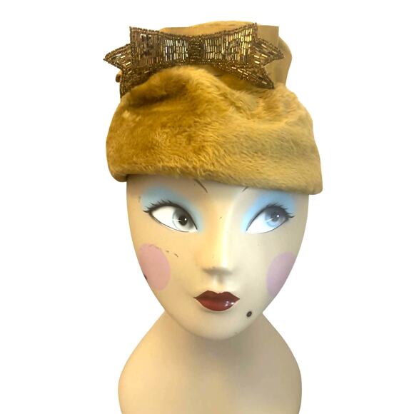 Vintage 1960s Duchess Toledo Fur Felt Cloche Hat Size 22 Gold Satin Bow ~ ITALY main image 6